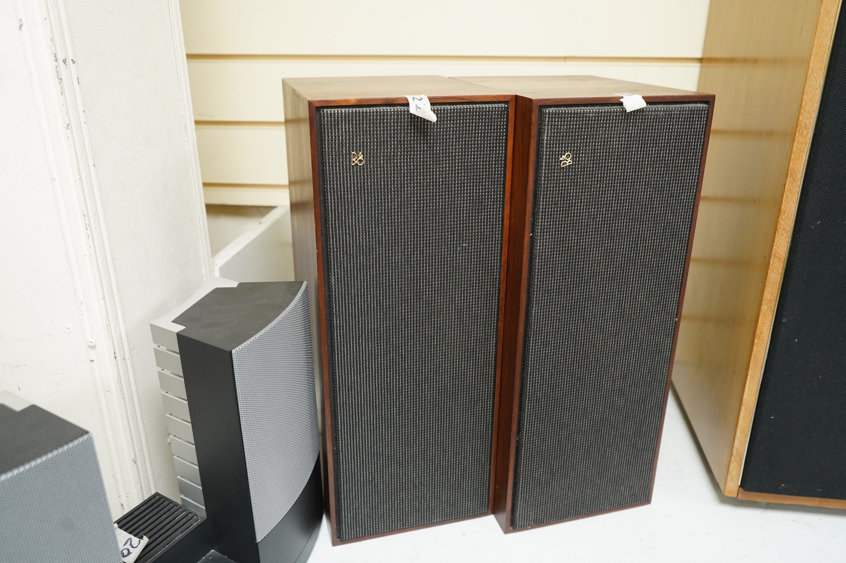 Six Bang & Olufsen items; a 1960s Beolit 600 radio, a pair of Beovox CX50s white cased shelf speakers, a pair of Beovox 1000 speakers, a Beolab 2000 speaker unit, together with two testing units (adjustable power supplie